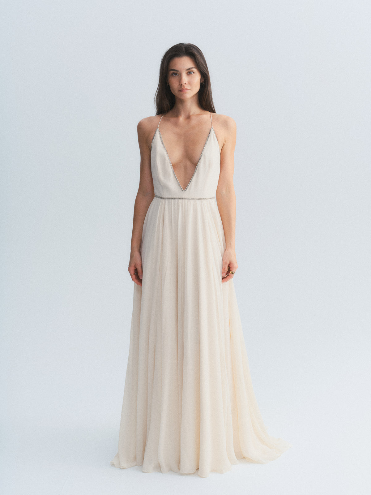 YSL Silk Plunge Neck Gown w/ Crystal Detail