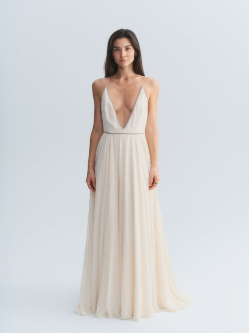YSL Silk Plunge Neck Gown w/ Crystal Detail