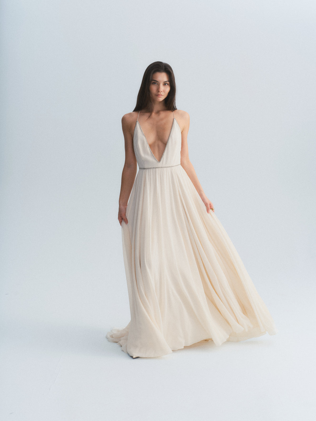 YSL Silk Plunge Neck Gown w/ Crystal Detail