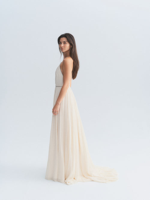 YSL Silk Plunge Neck Gown w/ Crystal Detail