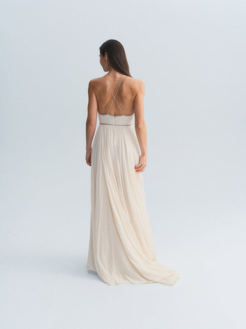 YSL Silk Plunge Neck Gown w/ Crystal Detail