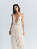 YSL Silk Plunge Neck Gown w/ Crystal Detail