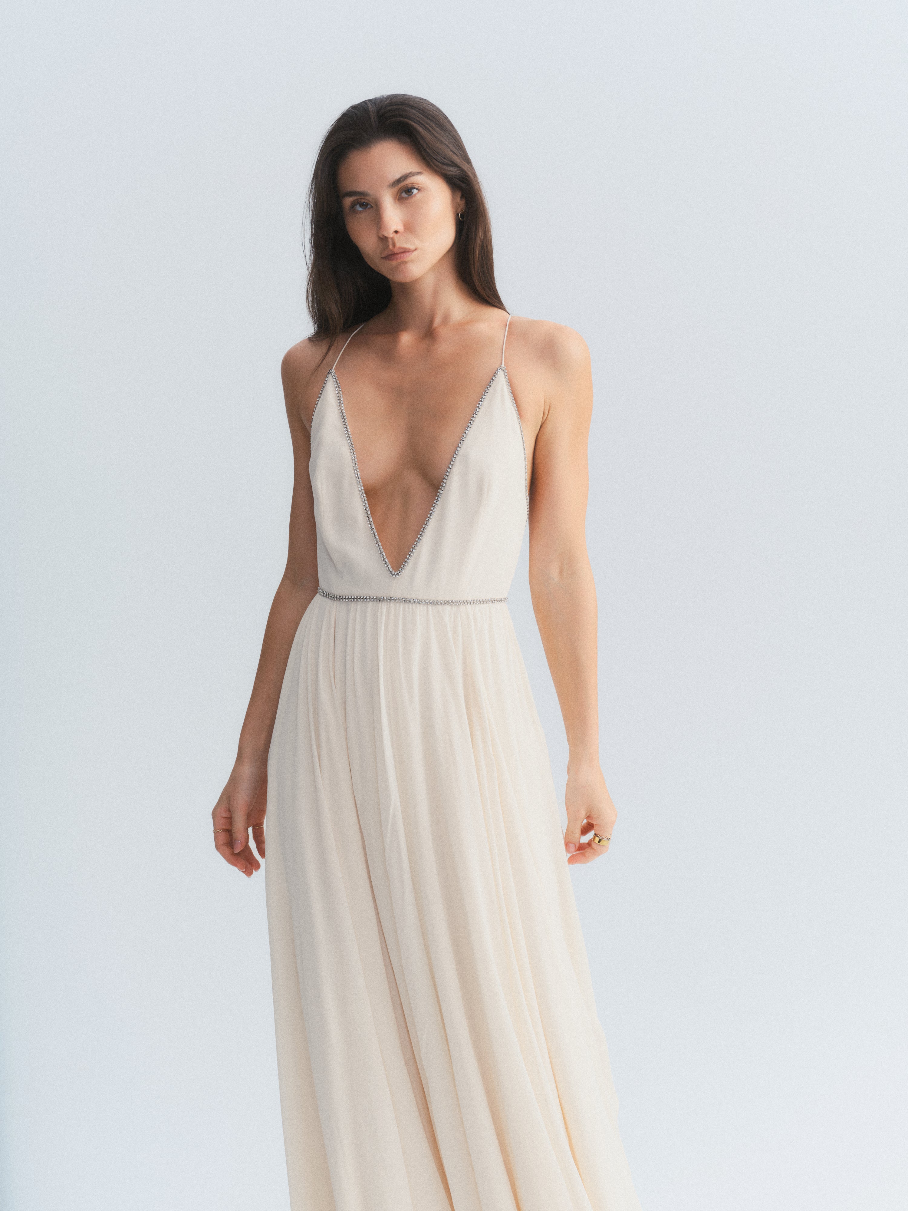 YSL Silk Plunge Neck Gown w/ Crystal Detail