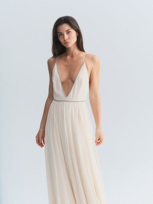 YSL Silk Plunge Neck Gown w/ Crystal Detail